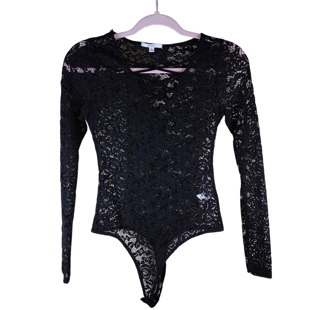Acemi Black Lace Sexy Nylon Spandex Stretchy Long Sleeve Night Out Bodysuit